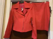 NWT Tahari Red Suit-Skirt (10) Jacket (6) Zip Up Bikers Blazer Lined Stylish