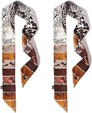 [COTHESUMAY] Mulberry Silk Scarf for Handbags,Bags, and Purse，2 Pcs 2"x35" Hair Ribbon Skinny Neck Fashion Scarves for Women, Color Leopard Coffee