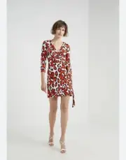 NWT DVF Leopard Print Wrap Dress Silk Jersey 3/4 sleeve Julian Mini Orang Size 4
