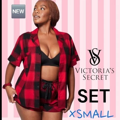 NEW VICTORIA'S SECRET FLANNEL SHORT PJ'S SET - RED BUFFALO SHIMMERY SIZE XSMALL