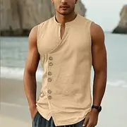Men's Shirt Linen Shirt Summer Shirt Beach Shirt Vintage Shirt Sleeveless Shirt Plain Vacation Holiday Black White Blue Khaki Sleeveless Mandarin Collar Summer