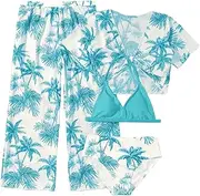 [SOLY HUX] Girl's 4 Piece Swimsuits Tropical Print Halter Bikini Set Bathing Suits with Kimono and Cover Up Pants
