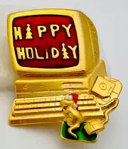 Signed DaneCraft Vintage 1980-90s Matte Gold Tone Enamel Holliday Computer Pin