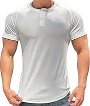 [TrndTrsure] Mens Mock Turtleneck Short Sleeve Muscle Round Neck Casual T Shirt Athletic Bodybuilding Cotton T-Shirts, White, Medium