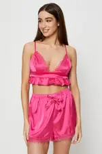 Pink Bralette Pyjamas Set Satin - Size L, Women's Bra And Bralette