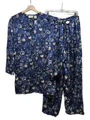 Vtg Victorias Secret Silk Pajama Set M/L Floral Long Sleeve Button Up Pants Blue
