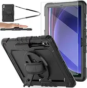 [BLOSOMEET] Case for Samsung Galaxy Tab S9 Plus 12.4 Inch 2023 with Tempered Glass Screen Protector Pencil Holder,Galaxy S9+ Plus Tablet Case with Shoulder Strap Hand Strap&Stand,Black