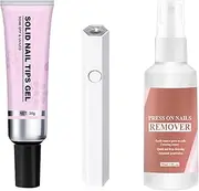 Gel Glue for False Nail, Solid Soak Off Glue, Long Lasting Adhesive Solid Rhinestone Glue with Remover and Curing Lamp for Acrylic Nails Extension