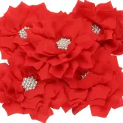 3.5" Rhinestone Pearl Chiffon Flower, 5 Pcs Sewing Fabric Appliques, Red