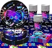 Video Game Birthday Decorations Tableware Set - 113Pcs Game On Party Supplies With Plates, Napkins, Cups, Tablecloth - Glowing Tableware for Gaming Celebration