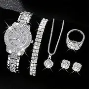 Luxury Rhinestone Quartz Watch Hiphop Fashion Analog Wrist Watch 6pcs Jewelry Set Gift For Women Her