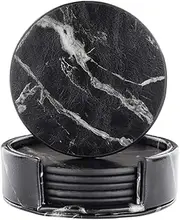 6PCS Coasters with Holder Marble Texture Round Cup Mat Pad Set for Drinks Coffee