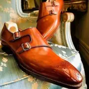 Bespoke Handcrafted Genuine Tan Pure Leather Monk Strap Wholecut Buckle Shoe Men