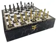 Brass Metal Spiked Qn Staunton Chess Set w/ 17" Black Faux Marble Storage Board