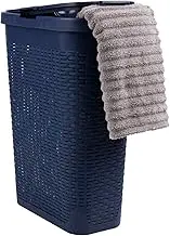 Mind Reader 40L Slim Laundry Hamper, Clothes Basket, Lid, Wicker Design, Plastic, 18"L x 10.4"W x 23.5"H