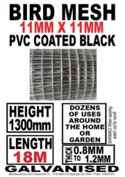 PVC coated Gal wire 10m + 18m & 1300H Roll Fence Aviary Bird mesh 11x11mm black