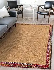 [Aizza Trends] Indian Handmade Braided Multi Cotton Border with Inner Natural Jute Area Rug- Jute Rug- Dining Room- Living Room Size - 10 x 10 Feet Square (300 cm x 300 cm)