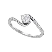 14k White Gold Round Diamond Slender Swirl Cluster Ring 1/4 Cttw