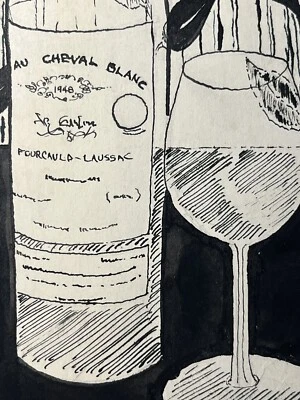 WINE ART 1948 PEN INK Chateau Cheval Blanc St. Emilio Bottle Glass ART ORIGINAL