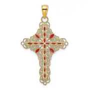 14k Yellow Gold Red Enamel Filigree Cross Charm