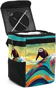 Car Trash Can with Lid,Bag Hanging Storage Pockets Leak-Proof,Portable Garbage Bin,Abstract Wave Sloth Surfing