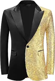 [Lars Amadeus] Sequin Blazers for Men's Color Block Peak Lapel Tuxedo Wedding Sparkly Suit Jacket