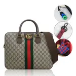 【GUCCI 古馳】OPHIDIA系列 經典雙G印花綠紅綠織帶手提公事包兩用包(駝/棕 買就送BV隨機吊飾鑰匙圈)