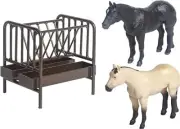 Little Buster Priefert Pasture Horse Feeder with Black and Buckskin Horses