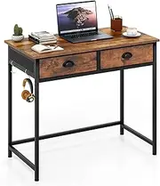 Giantex Computer Desk, Space Saving Home Office Desk with 2 Fabric Drawers, 4 Hanging Hooks & Metal Frame, Simple Study Vanity Table for Living Room & Bedroom (Rustic Brown & Black)