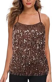 [MANER] Women’s Sequin Fringe Top Sparkly Party Tank Top Tassel Trim Cami