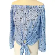 Size XS Express Off Shoulder Striped Crop Blouse Tie Front Long Sleeve NWT