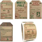 InStockLabels.com Natural Kraft Santa Claus Gift Tags Holiday Stickers 4 Different Designs 2 x 3 Inch 100 Total Labels