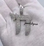 Men's 2Ct D/VVS Moissanite Chai Charm Pendant 14K White Gold Plated Silver
