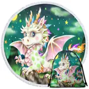 Colorful Stars Moon and Magical Dragon Round Beach Towel
