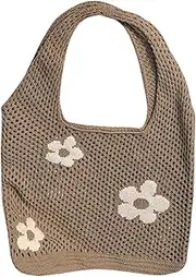 [Generic] Crochet Bag Women - Flower Pattern Mesh Beach Bag Aesthetic Knitting | Crochet Handmade, Large Shopping Bag, Summer Shoulder Bag, Sweet Tote, khaki, Se référer au descriptif