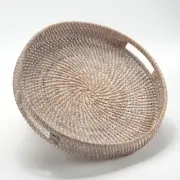 Round Rattan Serving Tray Decorative Woven Ottoman Trays with Handles for Cof...