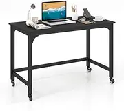 Giantex Rolling Computer Desk Mobile Writing Study Desk w/ 4 Universal Lockable Casters & Wooden Top & Metal Frame, Modern Rustic Style, Working Workstation Home Office Study Room Bedroom (Black)