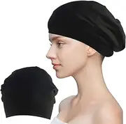 [Ycfish] Sleep Hat, Silk Caps, Bonnet for Men and Women Sleeping, Hair Cover Cap for Medium Curly Frizzy Hair Hat for Lined Slouchy Beanie（Black）, Black, One size