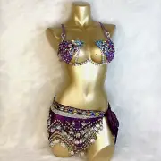 Sequins Beaded Belly Dance Costume Rave Carnival EDC Outfit Wire Bra Belt
