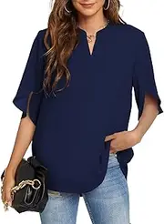 [Funlingo] Women's Summer Tops Short Sleeve/Long Sleeve Casual Shirts V Neck Chiffon Dressy Blouse Tops