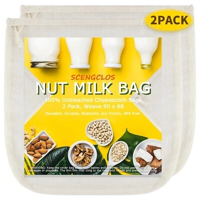 Nut Milk Bags(Upgraded, Weave 90x88), All Natural Cheesecloth Bags 12"x12" 2 ...