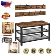 Stylish Shoe Rack Organizer with Coat Hooks - Rustic Brown & Black Hall Tree