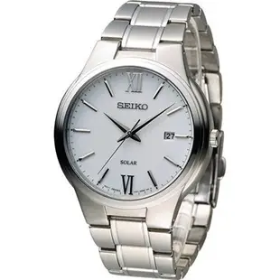 【金台鐘錶】SEIKO 精工 銀白色 SNE385P1太陽能SOLAR 羅馬簡約時尚鋼帶錶