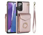 For Samsung Galaxy Note 20 Wallet Case with RFID Credit Cards Holder and Wrist Strap - Rose Gold