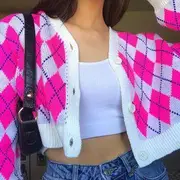 Cherry Embroidered Cropped Cardigan / Argyle Cropped Cardigan Cherry - Pink - M