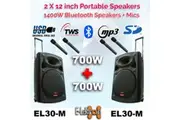 E-Lektron EL30-M Set 2X12" inch TWS Linkable Bluetooth 5.0 Portable 1400W Powerful PA Speakers Sound System