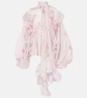[Zimmermann] Zimmermann Crush floral ruffled tie-neck blouse AU 12 pink