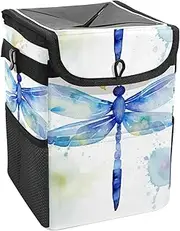 Car Trash Can with Lid and Storage Pockets Leak-Proof Organizer,Waterproof Garbage Can,Bright Watercolor Dragonfly