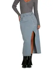[Belle & Bloom] Can't Forget You Denim Midi Skirt in Stonewash