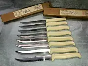 Set of 8 Quikut Hollow Ground Stainless Steel Steak Knives Tenite Handles Ivory